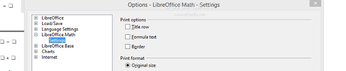 Showing the LibreOffice Math program settings panel